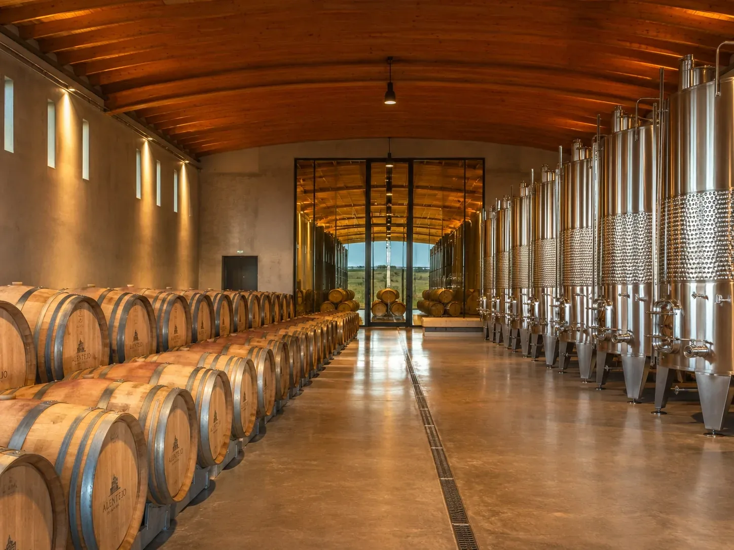 Barrel room and fermentation hall at an Alentejo winery — rows of French oak barrels and stainless steel tanks in a modern cellar facility, seen on a private estate tour