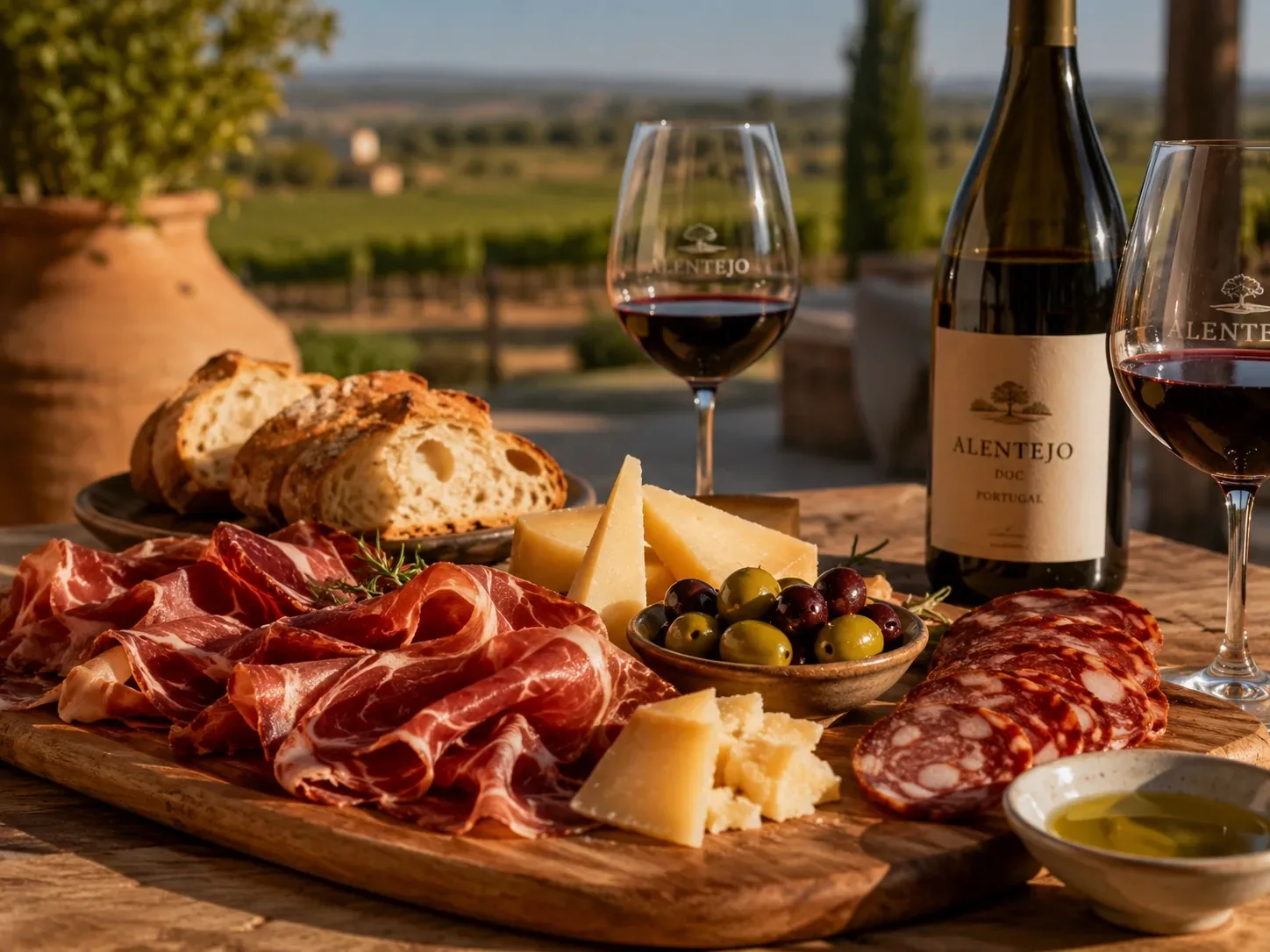 Alentejo charcuterie and cheese board — black pork presunto, regional sheep's cheese, olives and local bread served as a welcome tasting pairing at an Alentejo wine estate