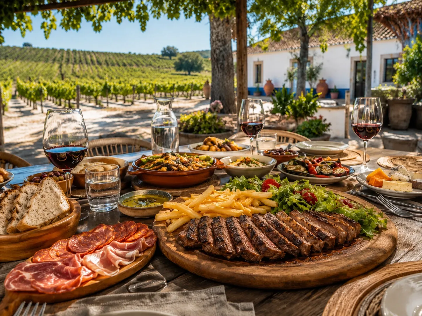 Long lunch at an Alentejo wine estate — traditional Portuguese dishes served at a shaded outdoor table among the vines or in the adega, with regional wines and olive oil