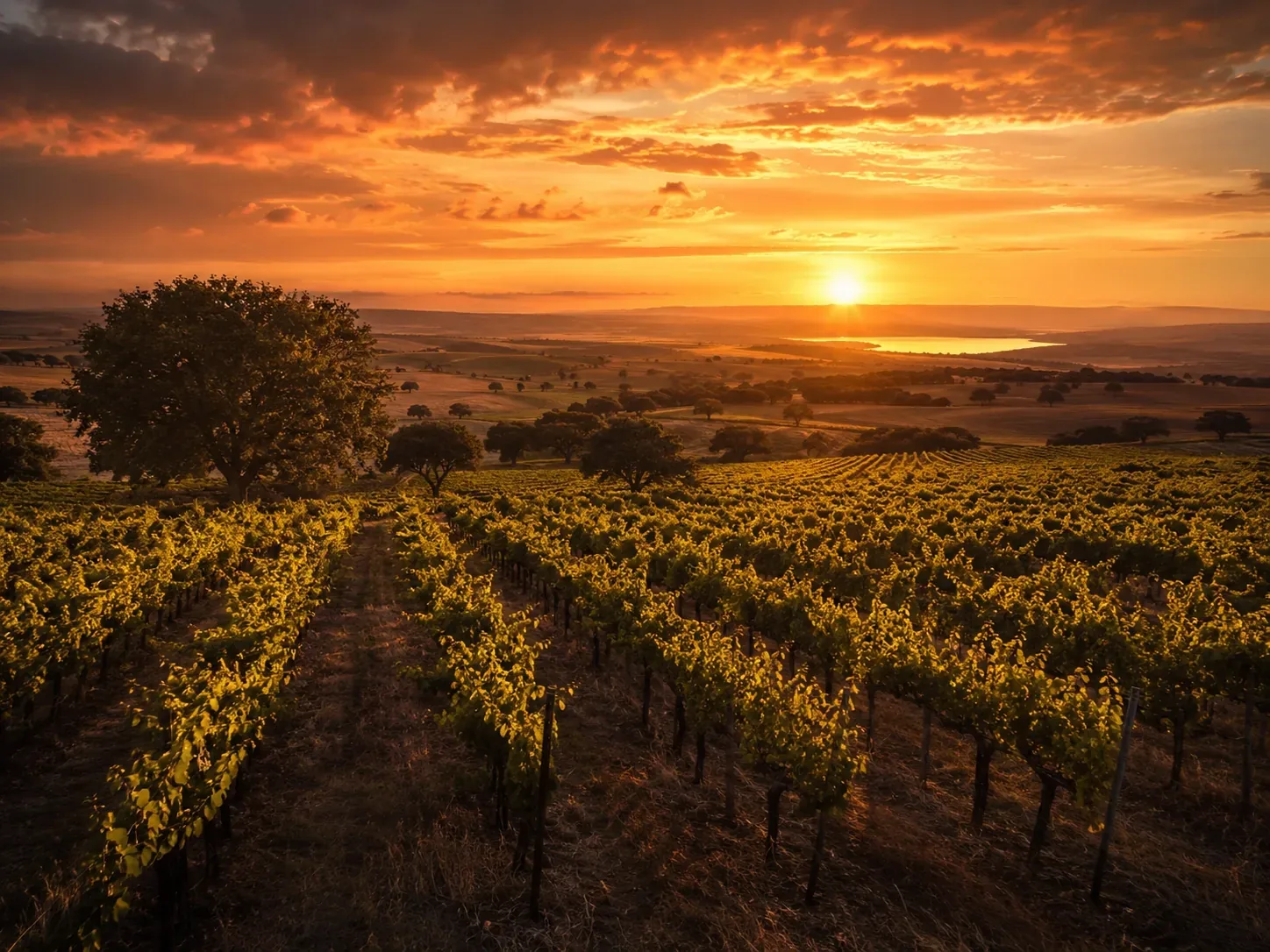 Golden hour sunset over Alentejo vineyards — warm late-afternoon light bathing the vines and cork oak trees of the Alentejo plains in deep amber tones