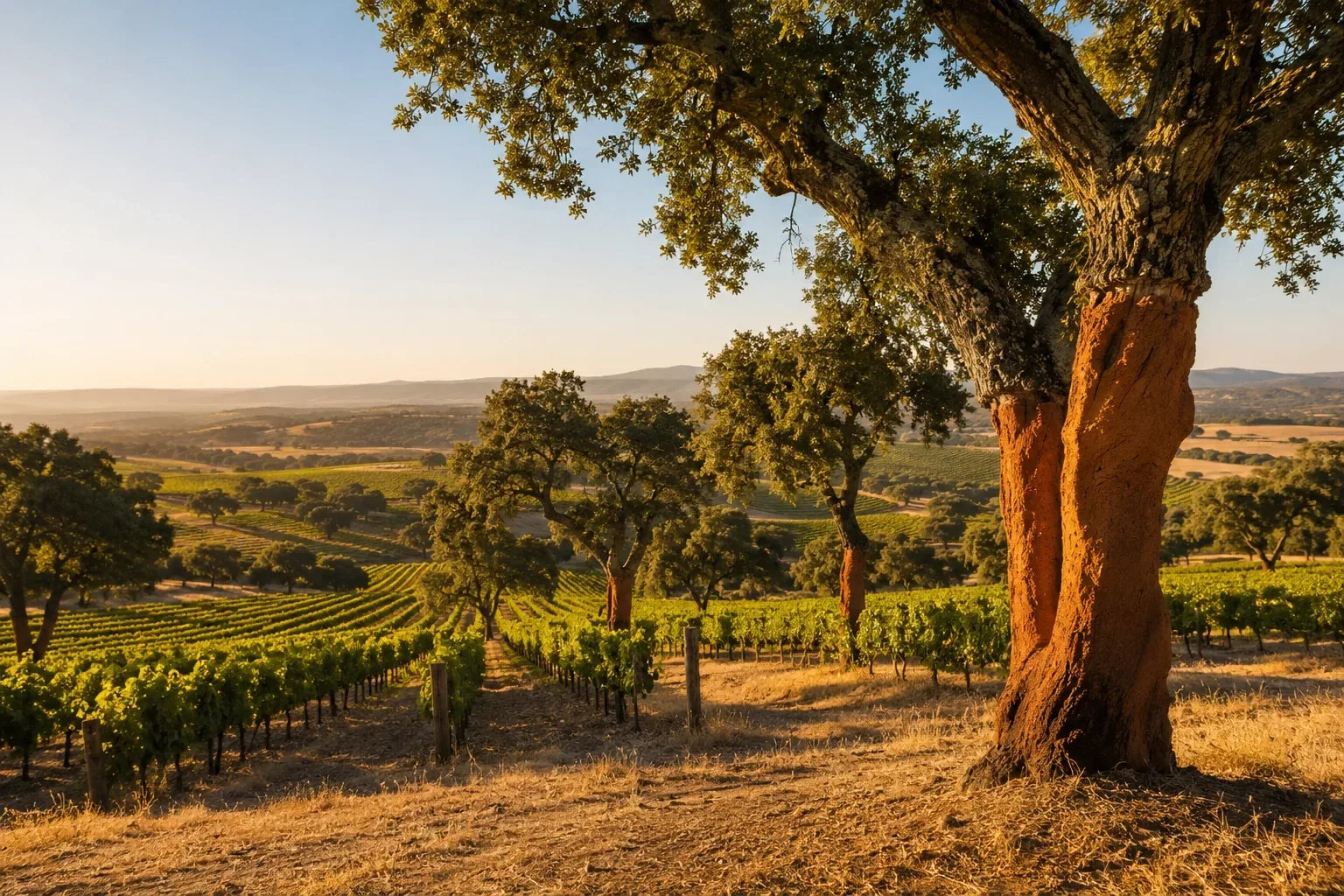 Cork oak montado landscape with vineyard rows in the Alentejo — scattered cork oaks and vines stretching across the golden plains of Portugal's largest wine region