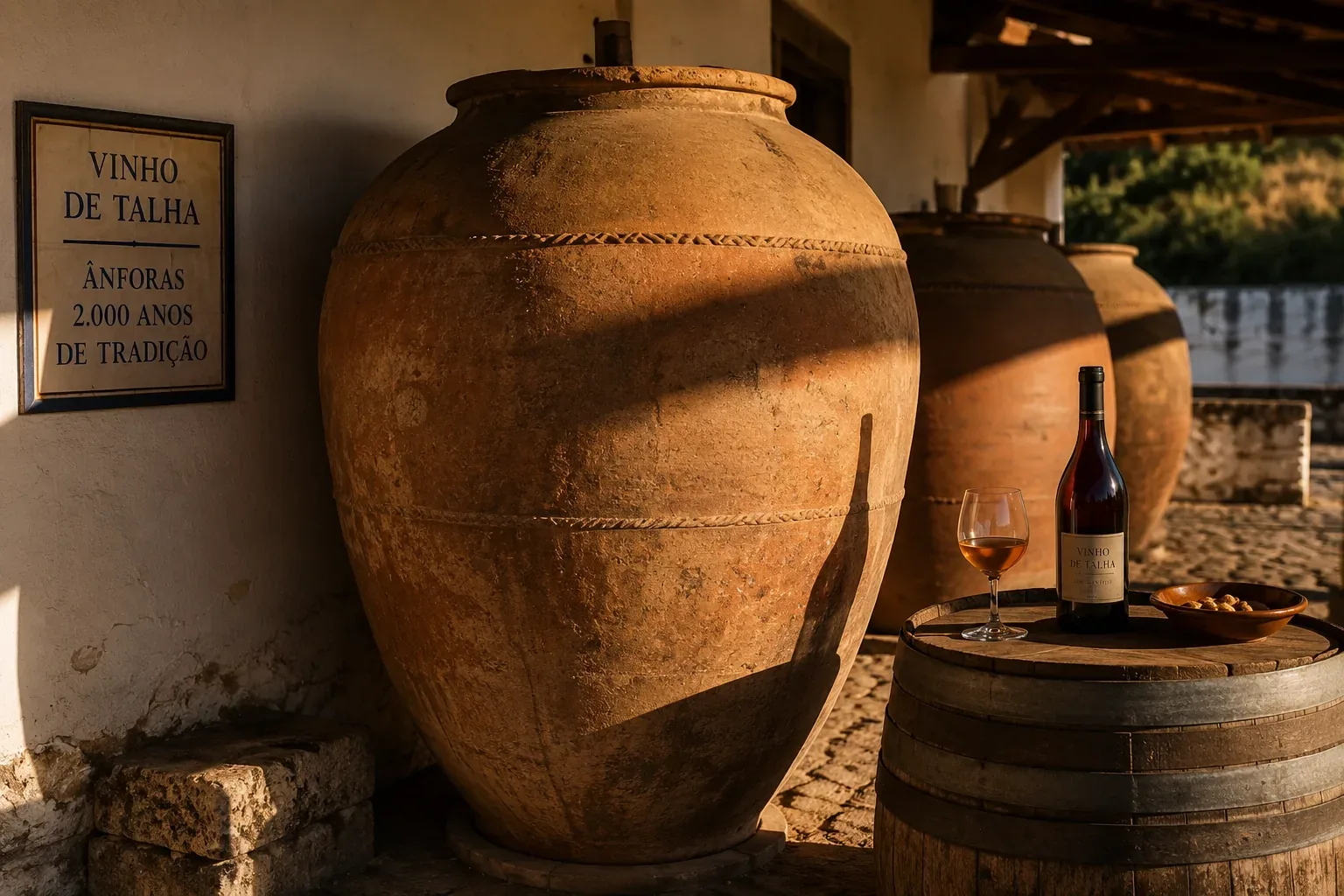 Ancient Roman clay talha amphorae in an Alentejo adega — large terracotta vessels used for Vinho de Talha, Portugal's 2,000-year-old amphora wine tradition still practised in the Alentejo