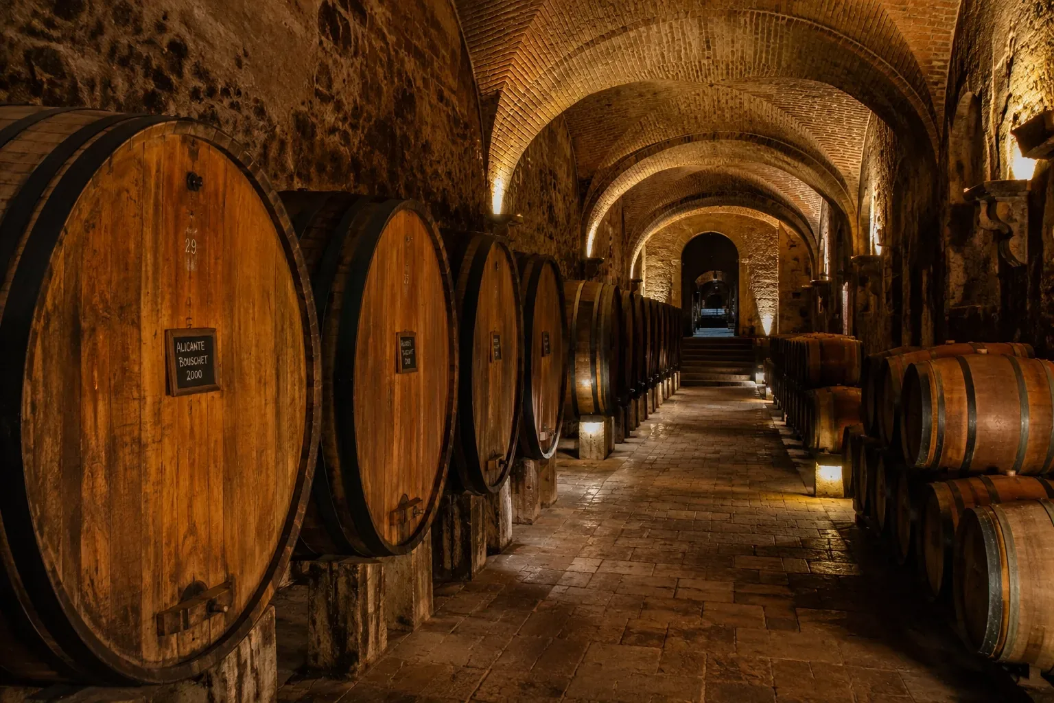 Underground stone wine cellar at an Alentejo estate — rows of oak barrels ageing red wine in a cool arched cellar, visited on a private Alentejo wine tour