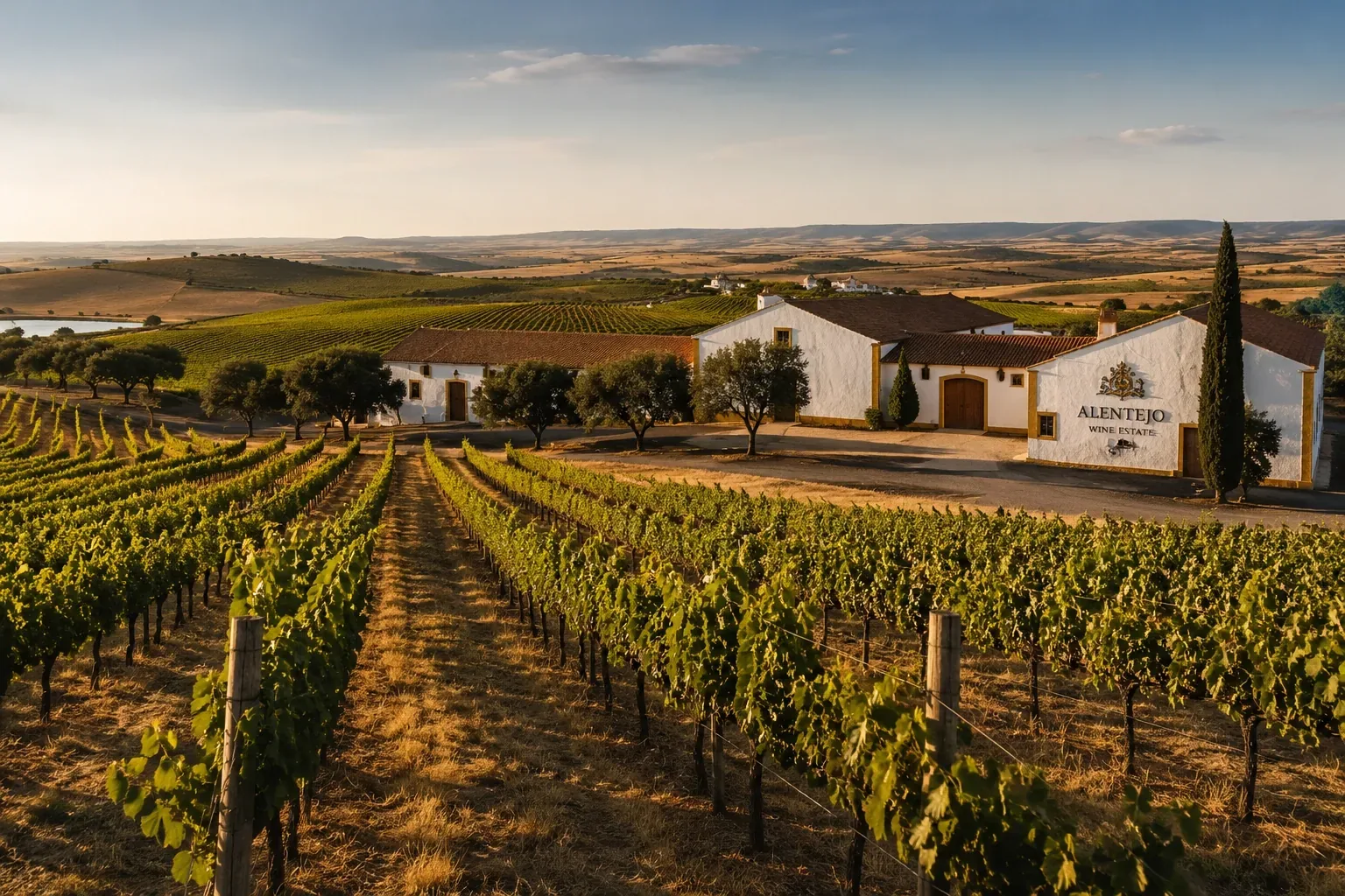 Alentejo wine estate — rows of vines and cork oak trees on rolling golden plains, private cellar and tasting experience