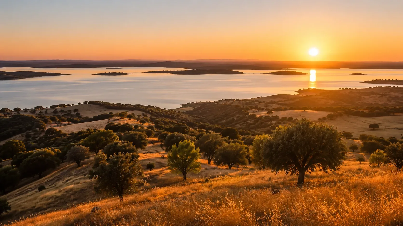 Alqueva Lake at golden hour — Europe's largest artificial reservoir reflecting the evening light below Monsaraz