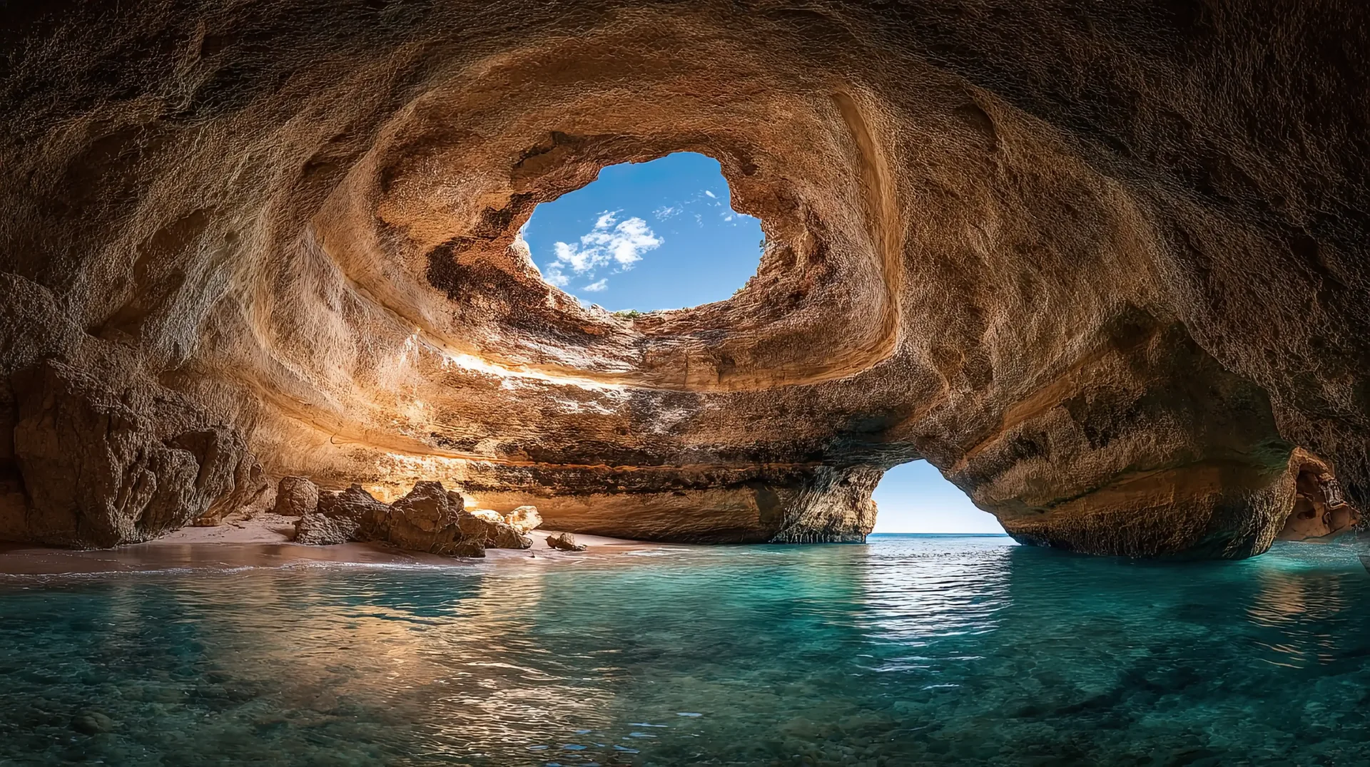 Interior of the Algar de Benagil sea cave — a vast natural limestone dome with a circular skylight opening to the blue sky, above a crescent of golden sand accessible only by boat, central Algarve, Portugal