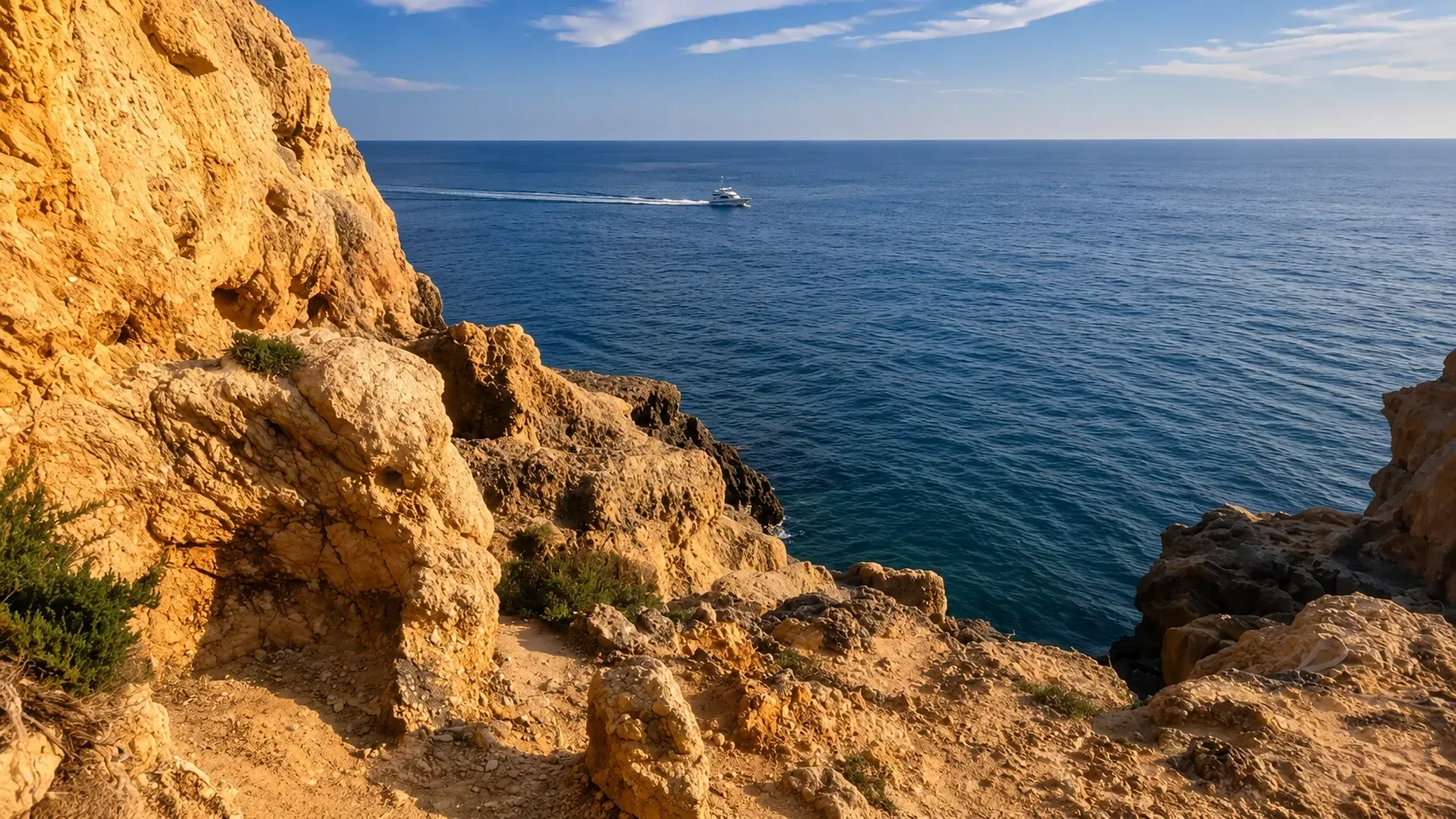 Tabuleiro de Carvoeiro clifftop boardwalk — a wooden walkway threading through golden limestone rock formations above the Atlantic Ocean sea caves, Carvoeiro village, Algarve
