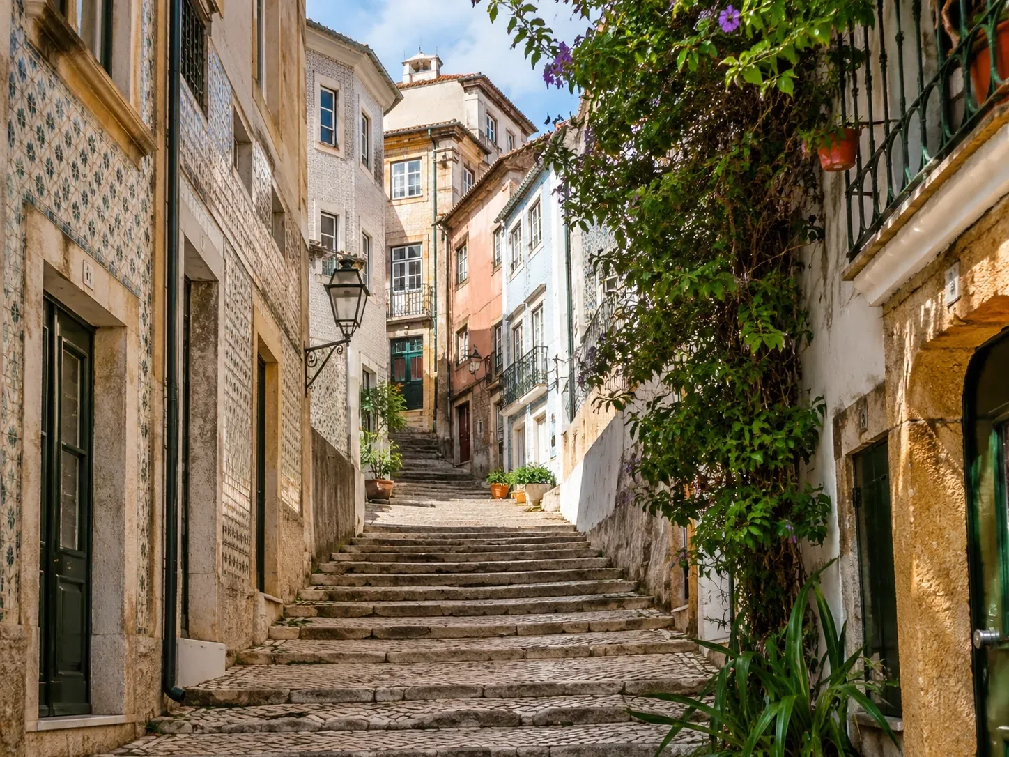 The steep medieval stone-paved lanes and stairs of Coimbra's Alta district climbing to the university hill — narrow alleys flanked by tiled façades and student Repúblicas, with the characteristic atmosphere of one of Europe's oldest university cities