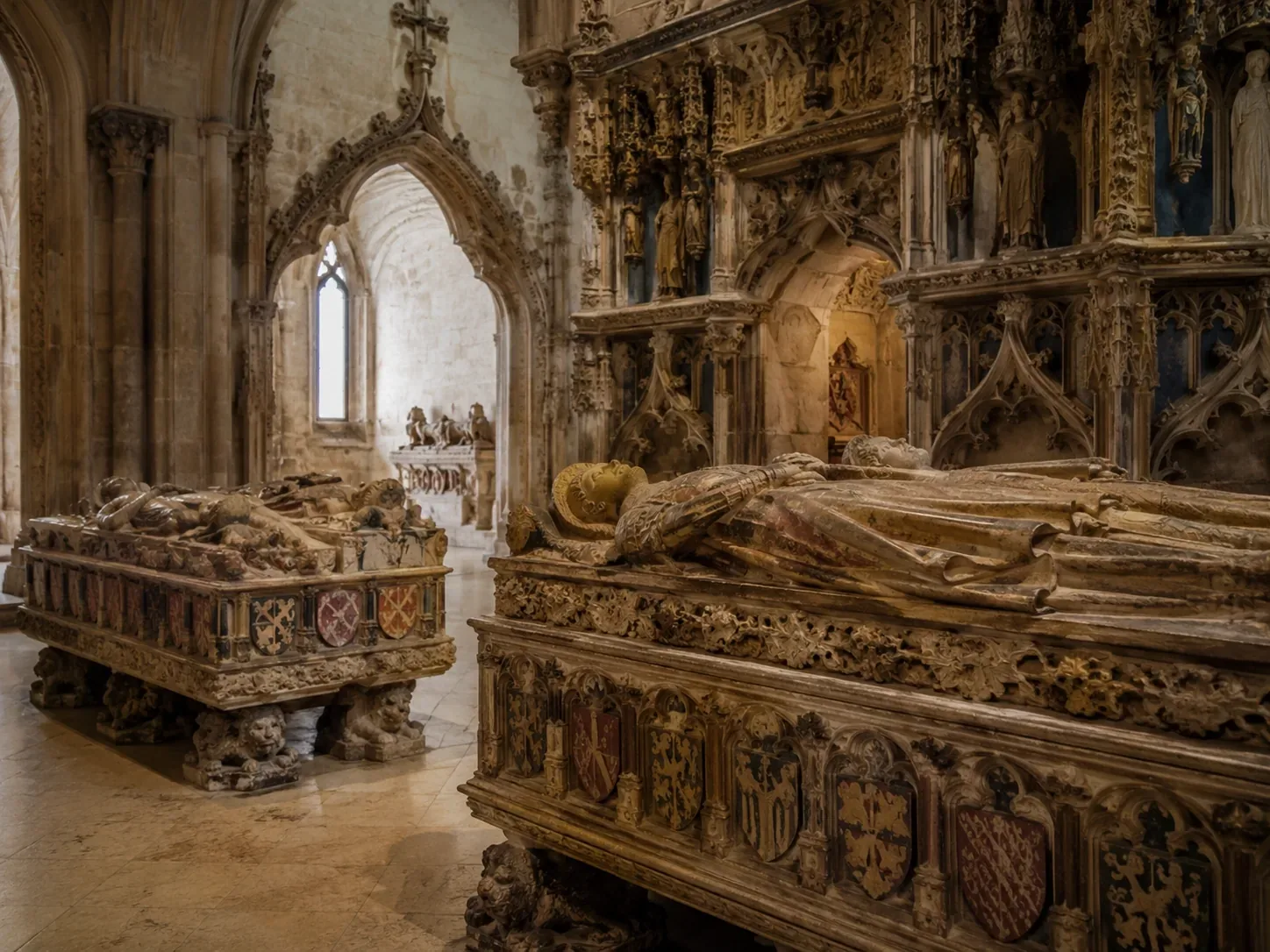 The elaborately carved stone tomb of King Afonso Henriques or Sancho I at Santa Cruz Church, Coimbra — the recumbent royal figures in polychrome sculptural detail by French sculptor Nicolau Chanterene, in Portugal's National Pantheon where the country's first two kings are buried
