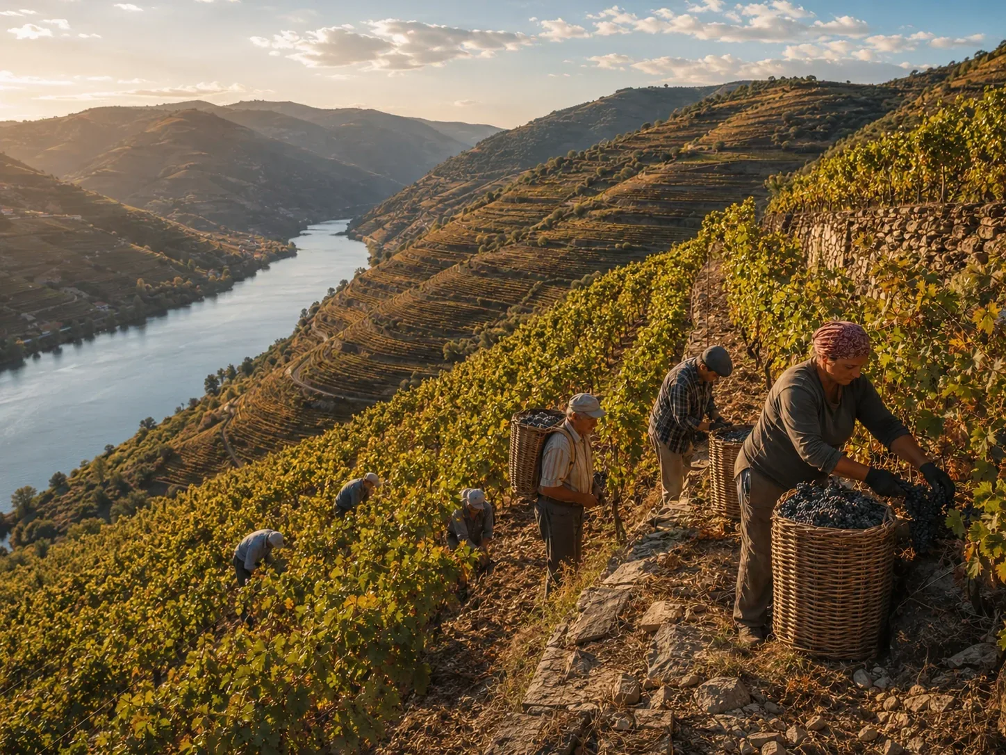 Grape harvest (vendima) in the Douro Valley — workers hand-picking grapes from terraced vineyard rows on a steep schist hillside in September or October, filling the traditional wicker baskets (cestos) with clusters of Touriga Nacional or Tinta Roriz grapes during the most spectacular season in the valley
