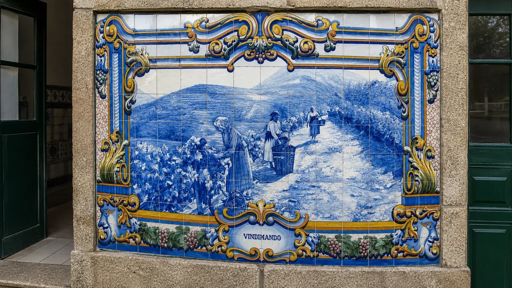 The famous azulejo tile panels inside Pinhão train station — large blue-and-white hand-painted ceramic panels installed in 1937 depicting traditional Douro Valley scenes including grape harvesting, rabelo boats on the river, village festivals, and the terraced vineyards of the Port wine region