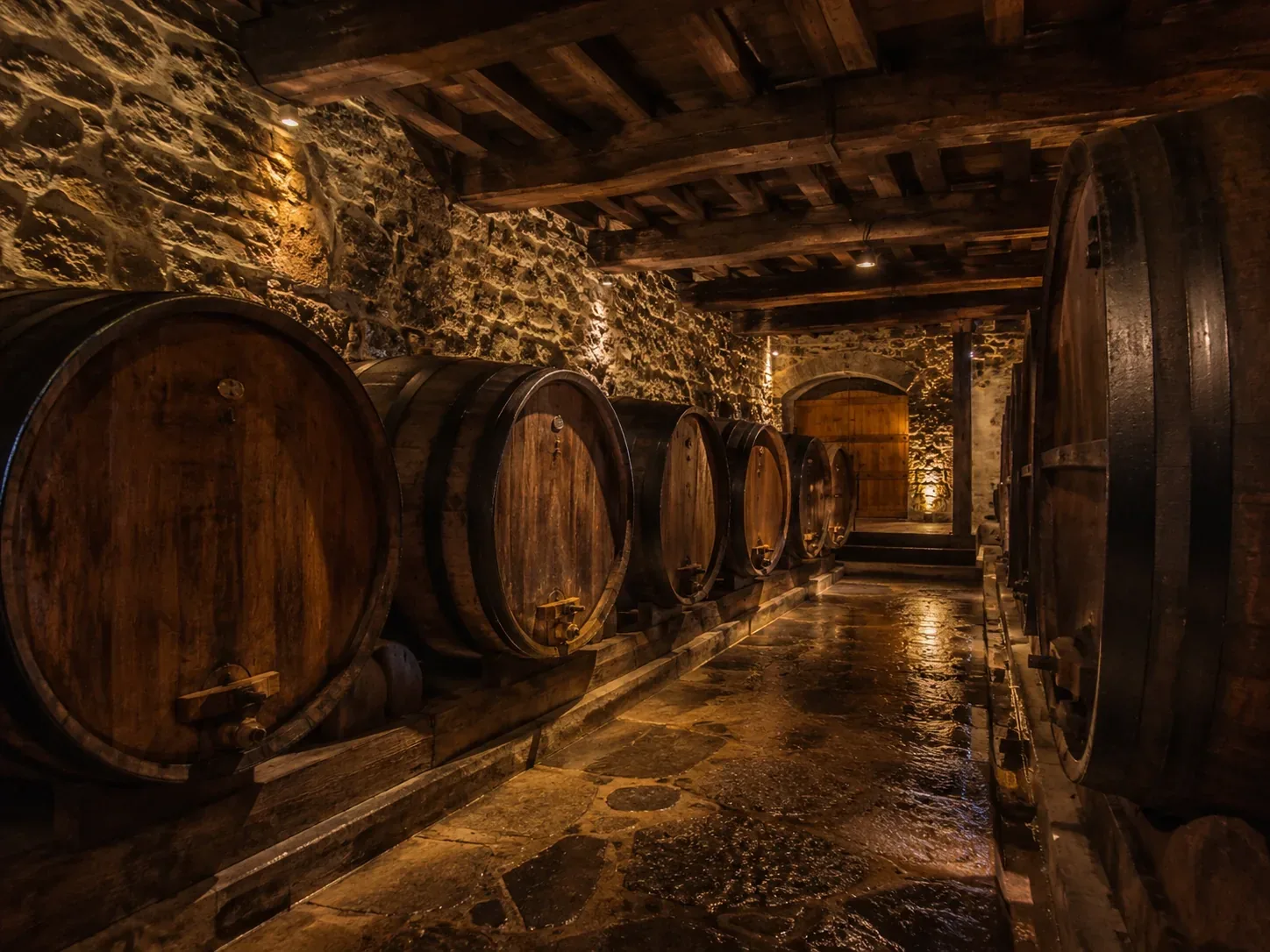 The barrel cellar of a Douro Valley quinta wine estate — rows of dark French and American oak barrels aging Port wine and DOC Douro reserve reds in a cool stone-walled adega, with the characteristic earthy smell and amber light of a working wine cellar in the world's oldest demarcated wine region