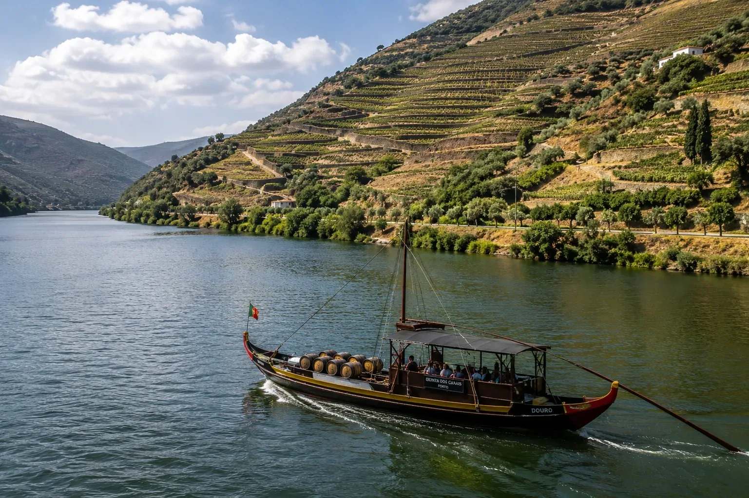 A traditional wooden Portuguese rabelo boat on the calm green Douro River — the flat-bottomed vessel with its distinctive high stern and long steering oar, once used to carry barrels of Port wine downstream from the valley quintas to the lodges of Vila Nova de Gaia, now used for tourist cruises through the terraced valley