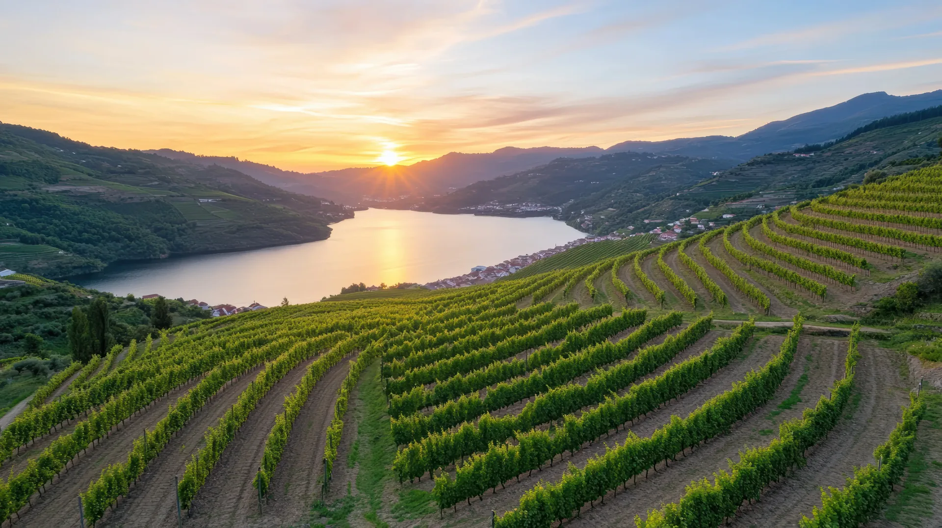 The Douro River reflecting the terraced vineyard hillsides in perfect still water — late afternoon or golden hour light over the calm green river between Pinhão and Régua, with the stepped stone walls of the schist terraces and their lines of vines mirrored in the mirror-smooth water below