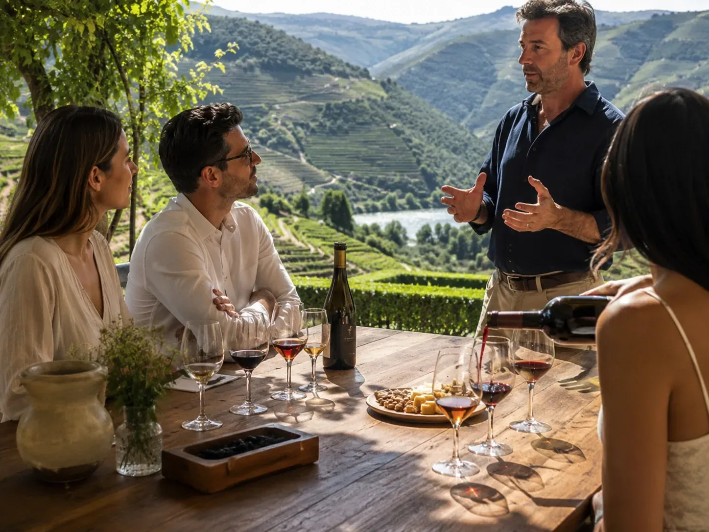 Private wine tasting at a Douro Valley quinta — wine glasses with ruby Port, tawny Port and DOC Douro red being poured for a tasting at a quinta table overlooking the terraced vineyards, with the winemaker or host explaining the grape varieties, terroir and production methods