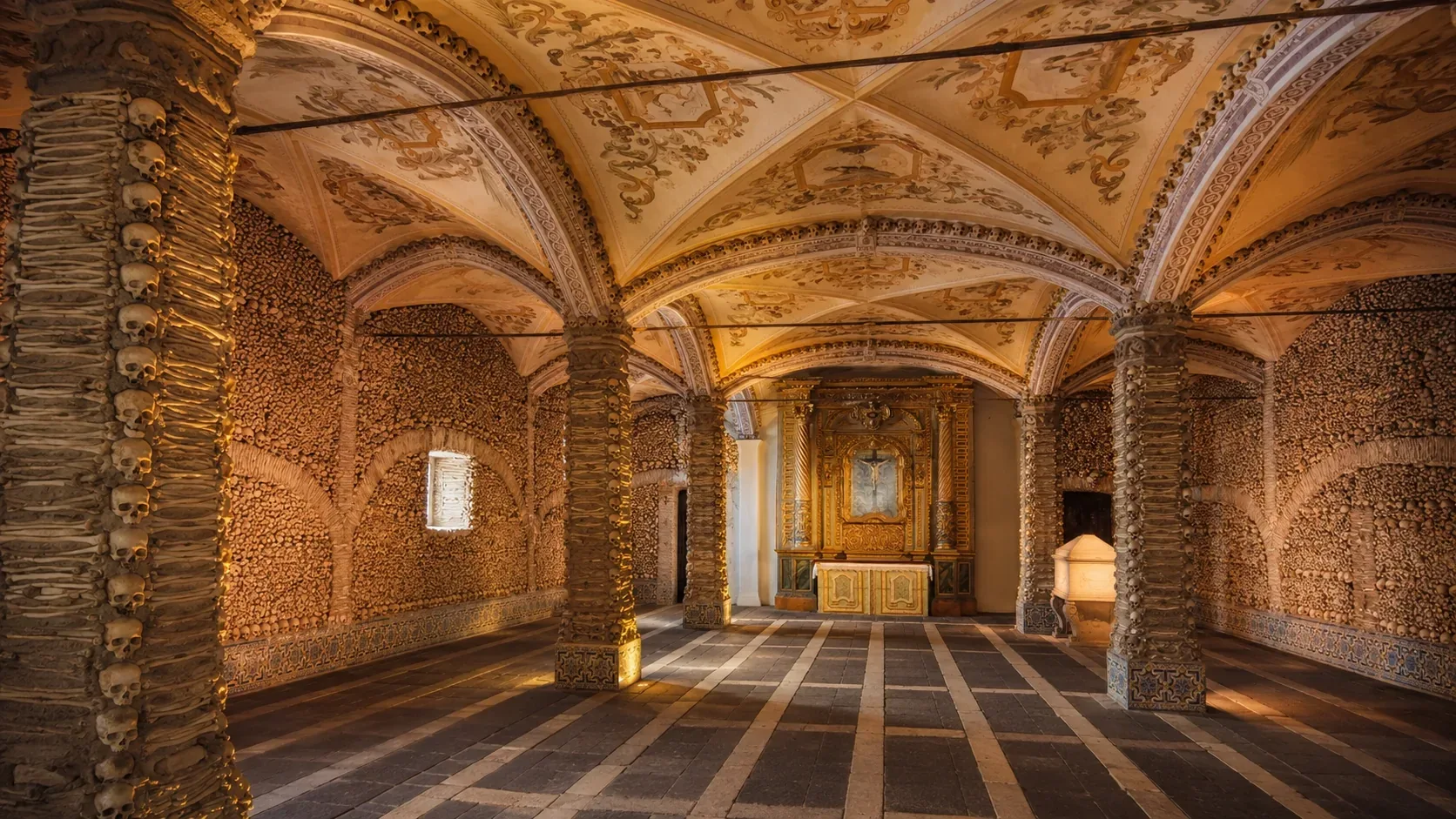 Interior of the Chapel of Bones in Évora — walls and pillars constructed from the bones of 5,000 Franciscan monks