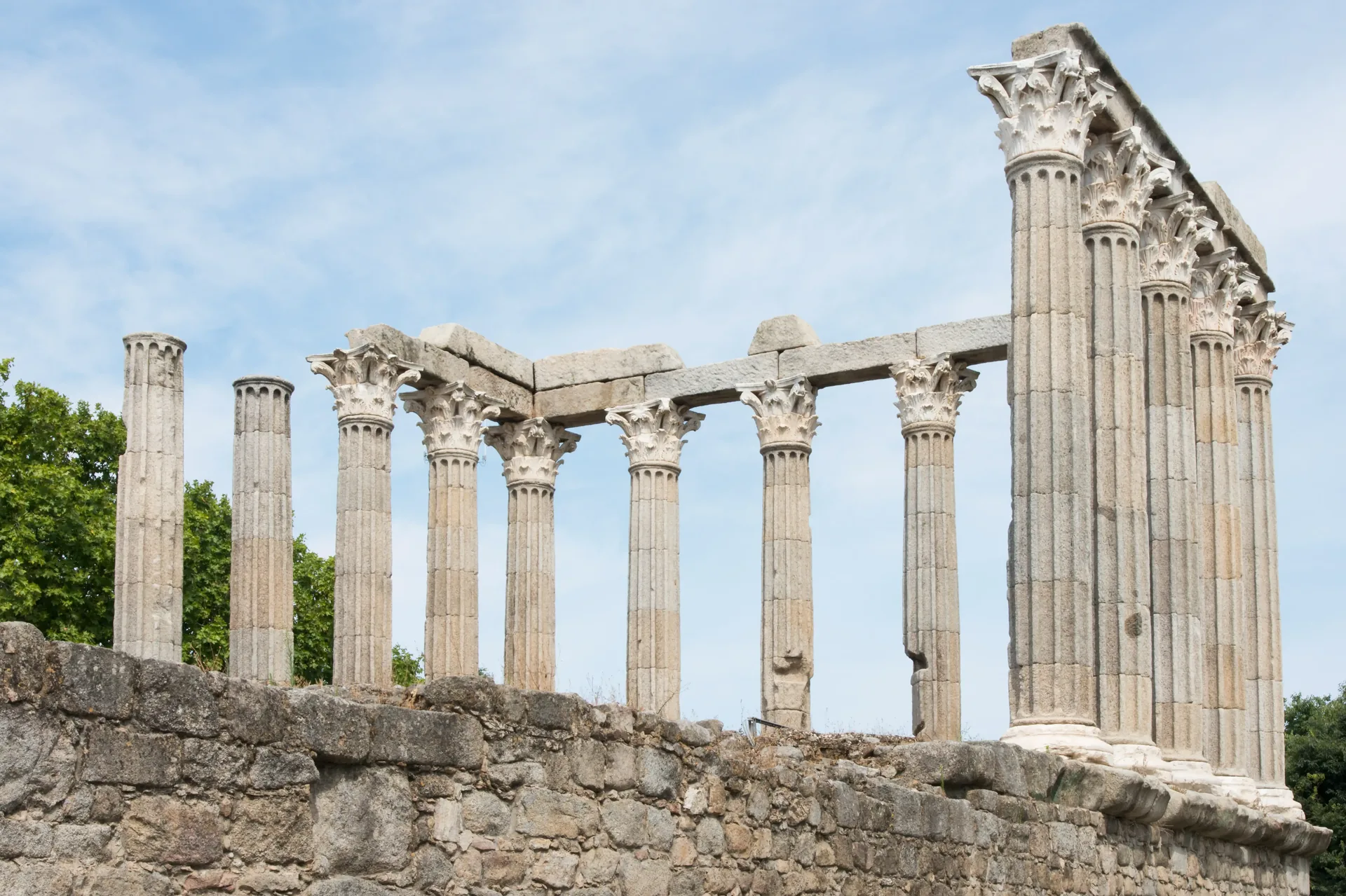 Roman Temple of Diana in Évora, standing since the first century AD — fourteen Corinthian columns in the morning light