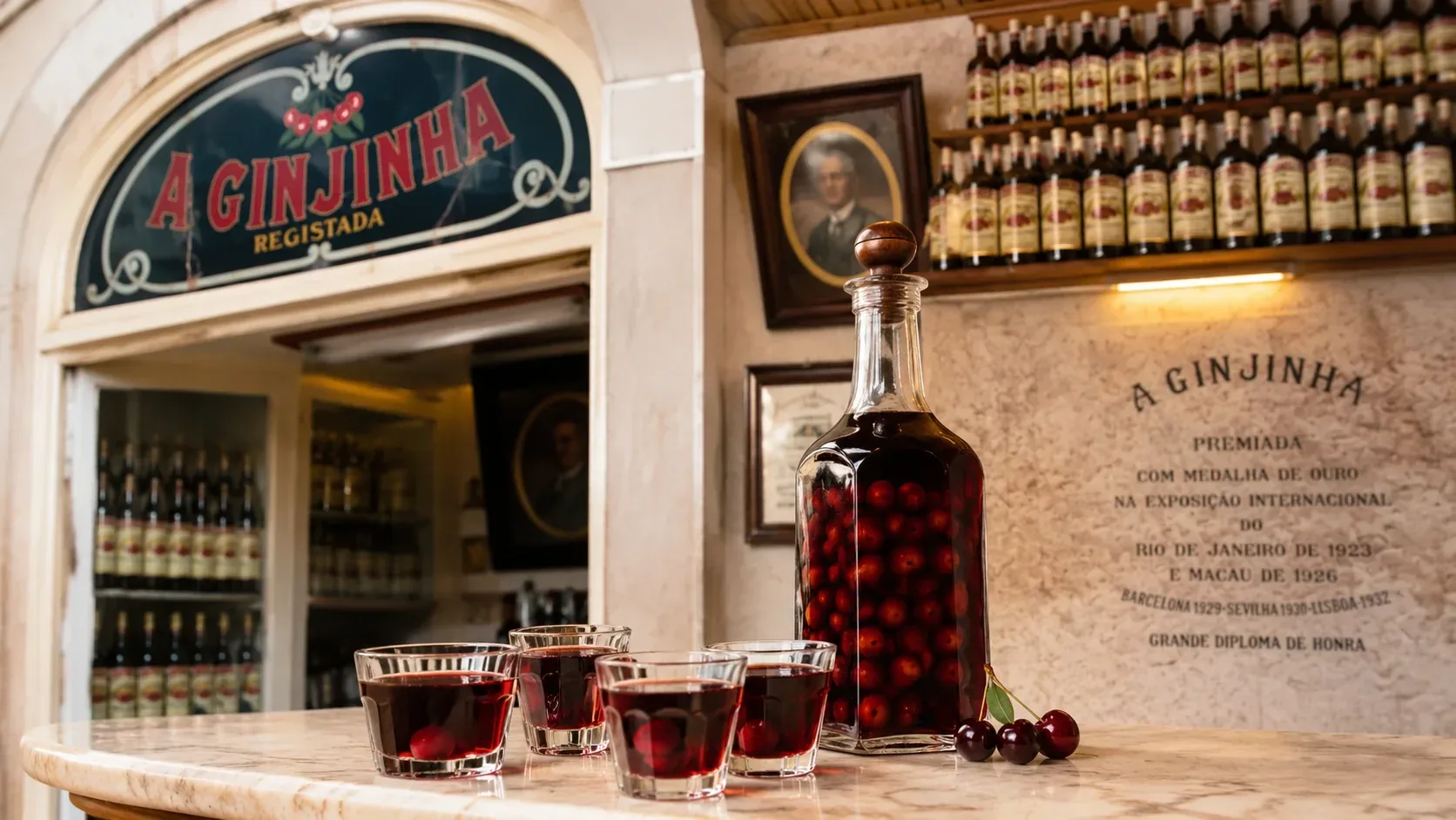 Traditional ginjinha bar in Mouraria, Lisbon — small glasses of cherry liqueur served at the counter