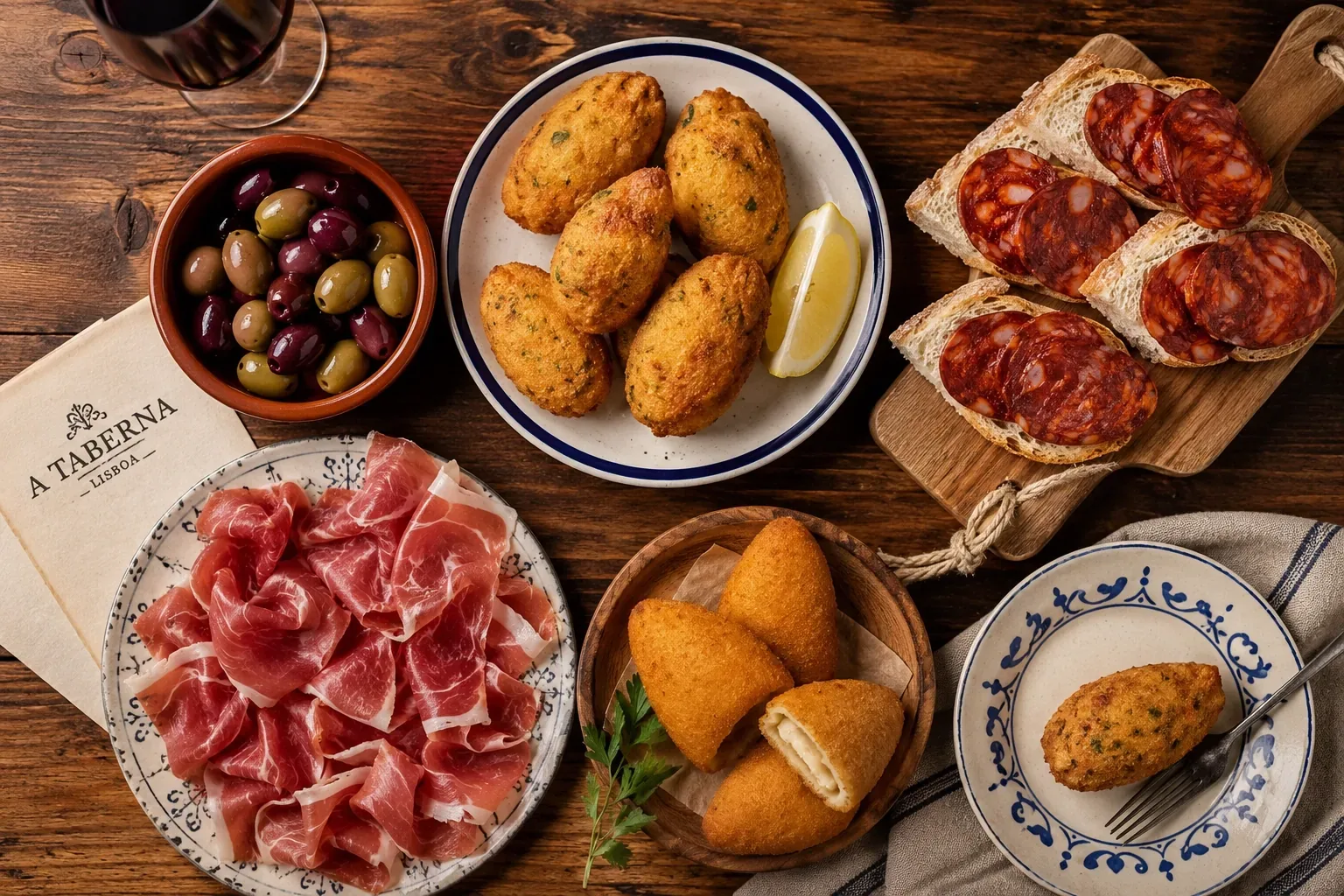 Spread of traditional Portuguese petiscos — bacalhau fritters, chouriço, olives and fresh bread on a wooden tasca table