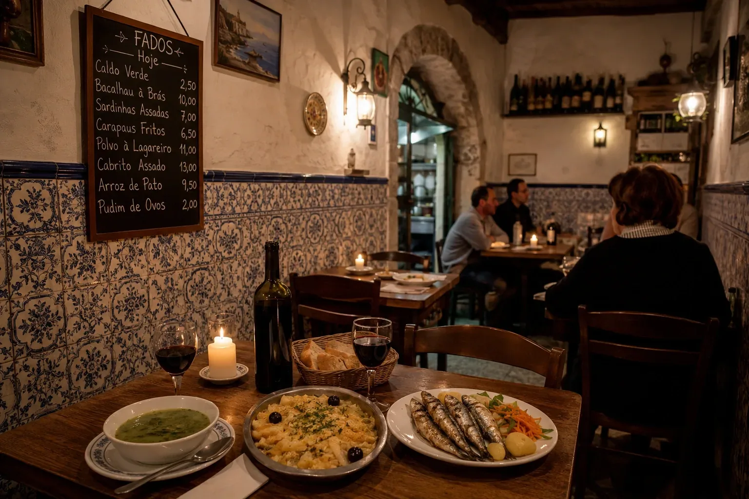 Interior of a traditional Lisbon tasca in Alfama — tiled walls, wooden tables, handwritten menu and warm candlelight