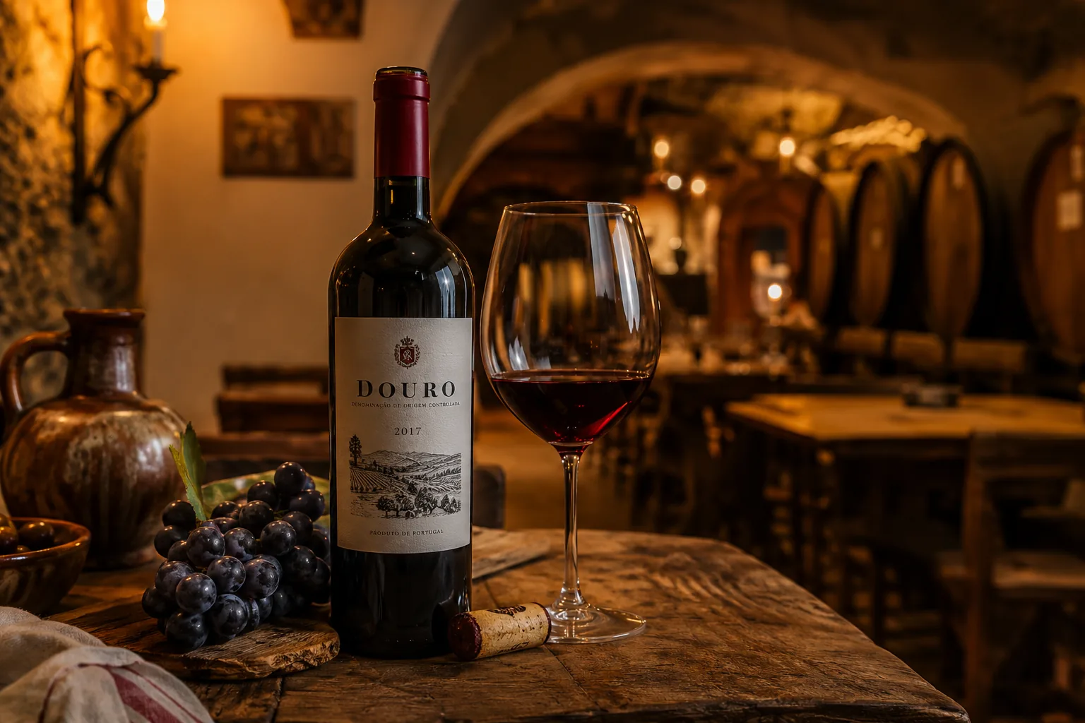 Portuguese wine tasting — glasses of Vinho Verde, Lisboa white and Alentejo red arranged on a wooden table