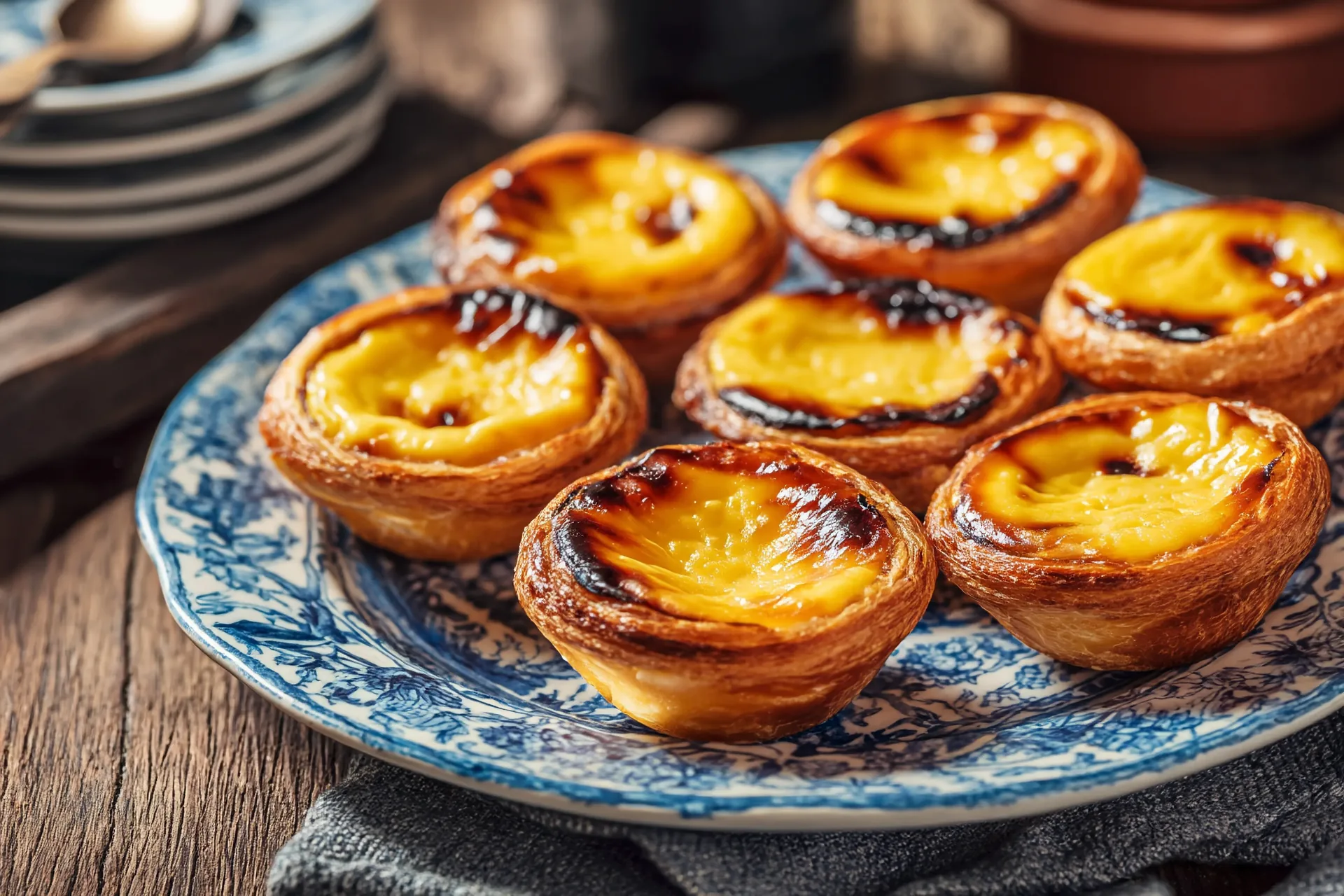Freshly baked Pastéis de Belém — warm, flaky Portuguese custard tarts (pastéis de nata) dusted with cinnamon at the original Fábrica de Pastéis de Belém, baking the same recipe since 1837, with a complimentary tasting included in every private Lisbon tour