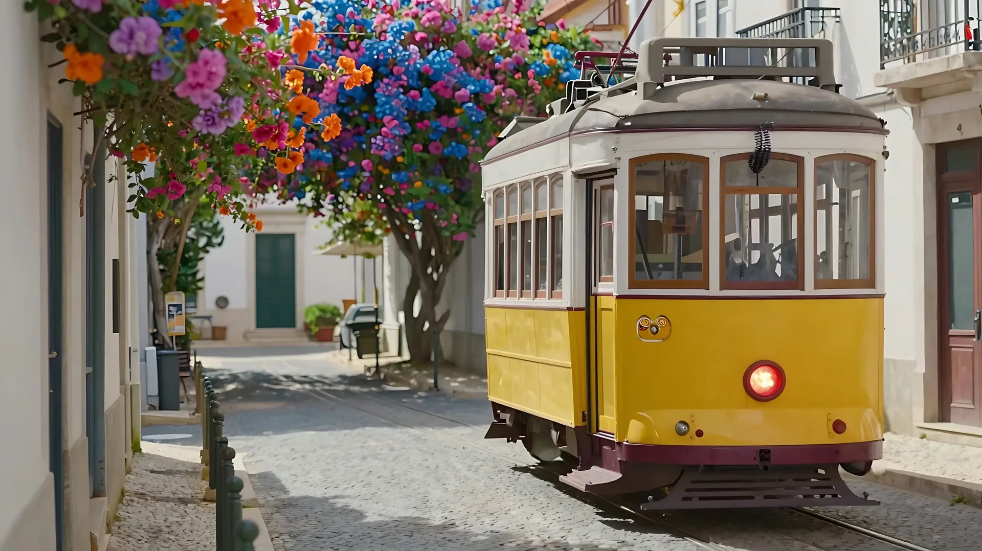 Historic yellow Tram 28 winding up the steep cobblestone streets of Alfama and Graça in Lisbon — the iconic century-old electric tram threading through the medieval hilltop quarter past tiled facades and ancient churches, an optional add-on on the private Lisbon tour