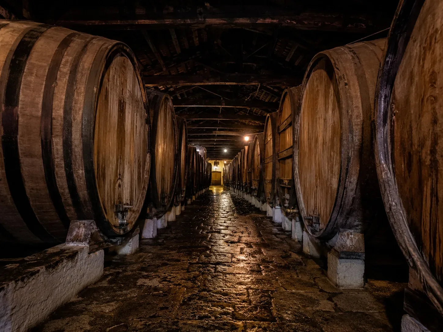 Rows of oak barrels ageing port wine in a Vila Nova de Gaia cellar — the cool, dim lodges of the great port wine houses where tawny and vintage ports mature in stacked casks, visited on a private guided cellar tour with tasting
