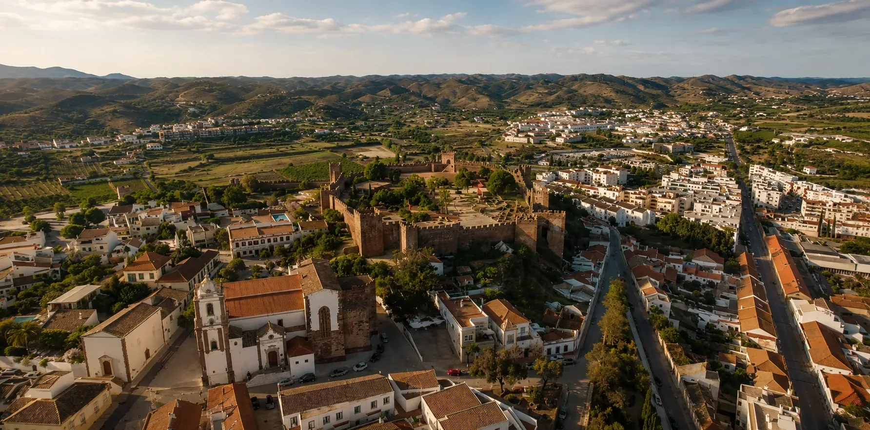 Silves Castle — the finest Moorish red sandstone fortress in Portugal, with intact battlements and towers rising above the whitewashed rooftops of Silves old town and surrounding orange groves, Algarve