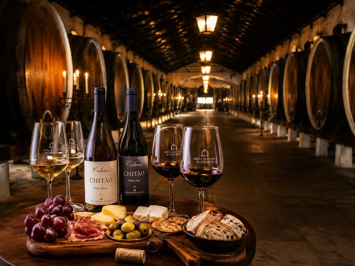 Wine tasting at Adega Regional de Colares — glasses of Malvasia white, rosé, and Ramisco red from pre-phylloxera vines