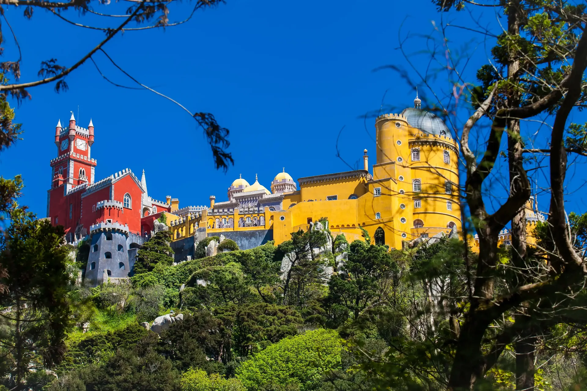 Pena Palace rising above the Sintra forest, yellow and red towers against the sky — private Sintra wine and palace tour from Lisbon