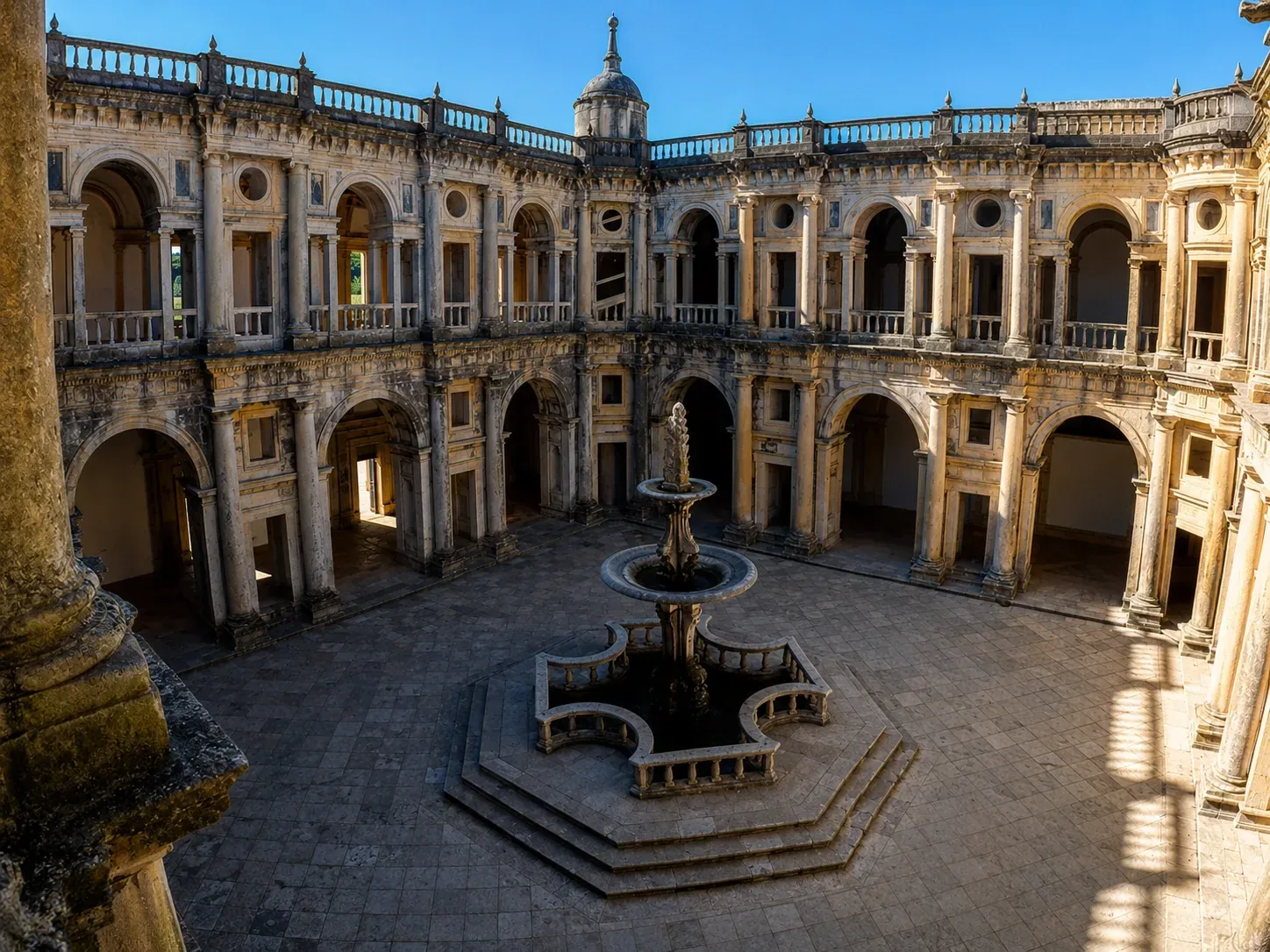 The Gothic cloister at the Convento de Cristo in Tomar — elegant 15th-century pointed arches, stone tombs of Knights Templar set into the walls, and a central orange-tree garden, one of four cloisters within the convent complex
